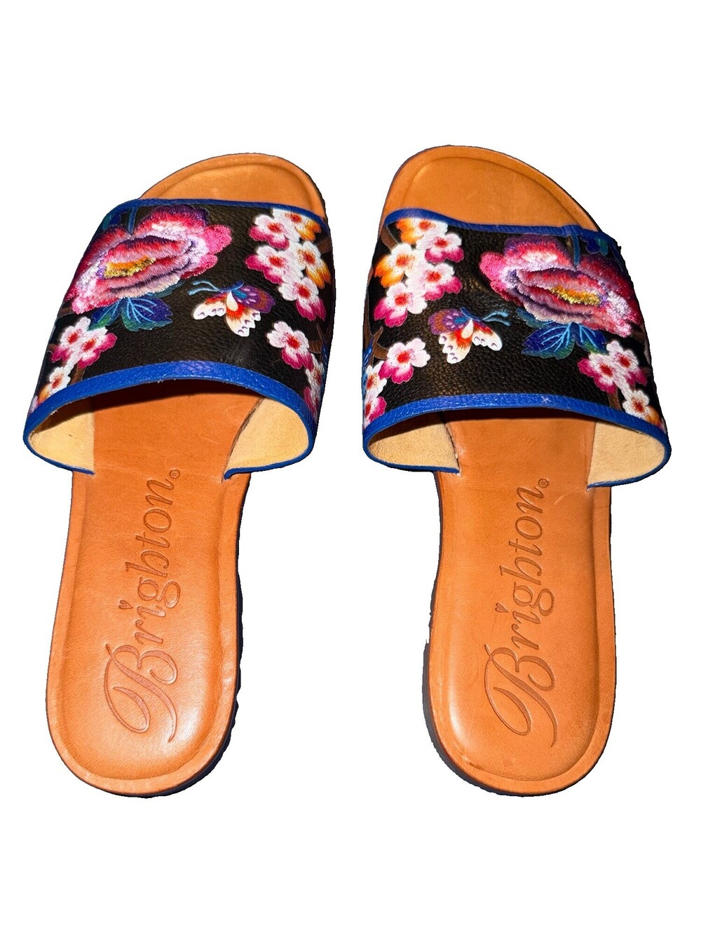 BRIGHTON AKIRA Leather Embroidered Slide Sandals KYOTO IN BLOOM Flats 7M